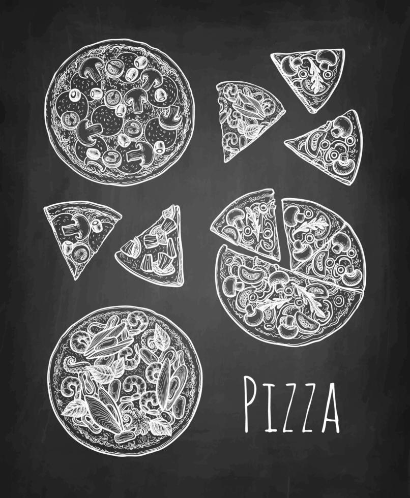 Pizza big set. Chalk sketch on blackboard background. Hand drawn vector illustration. Retro style.