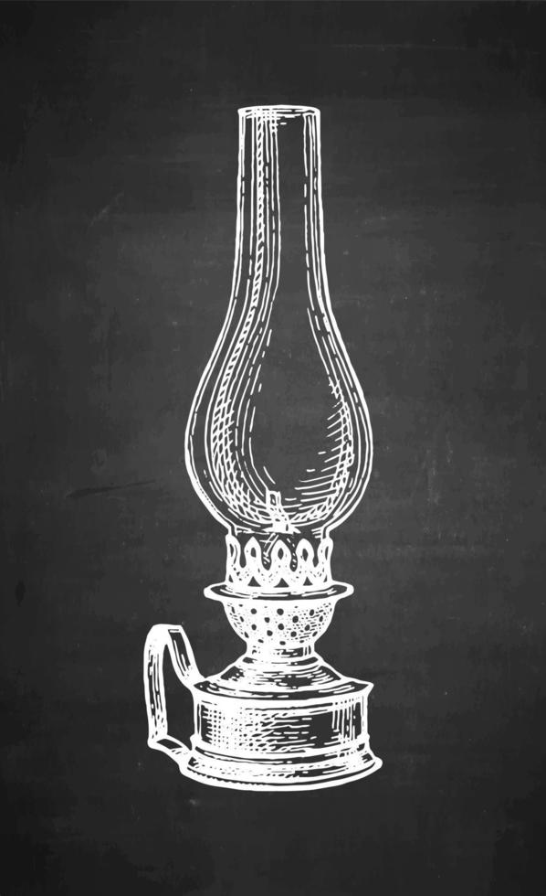 Kerosene lamp. Vintage oil lantern. Chalk sketch on blackboard background. Hand drawn vector illustration. Retro style.