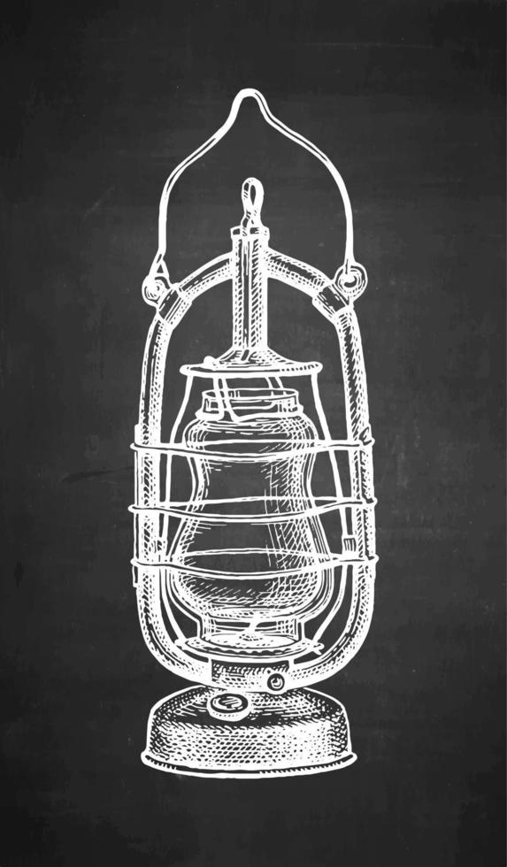 Kerosene lamp. Vintage oil lantern. Chalk sketch on blackboard background. Hand drawn vector illustration. Retro style.