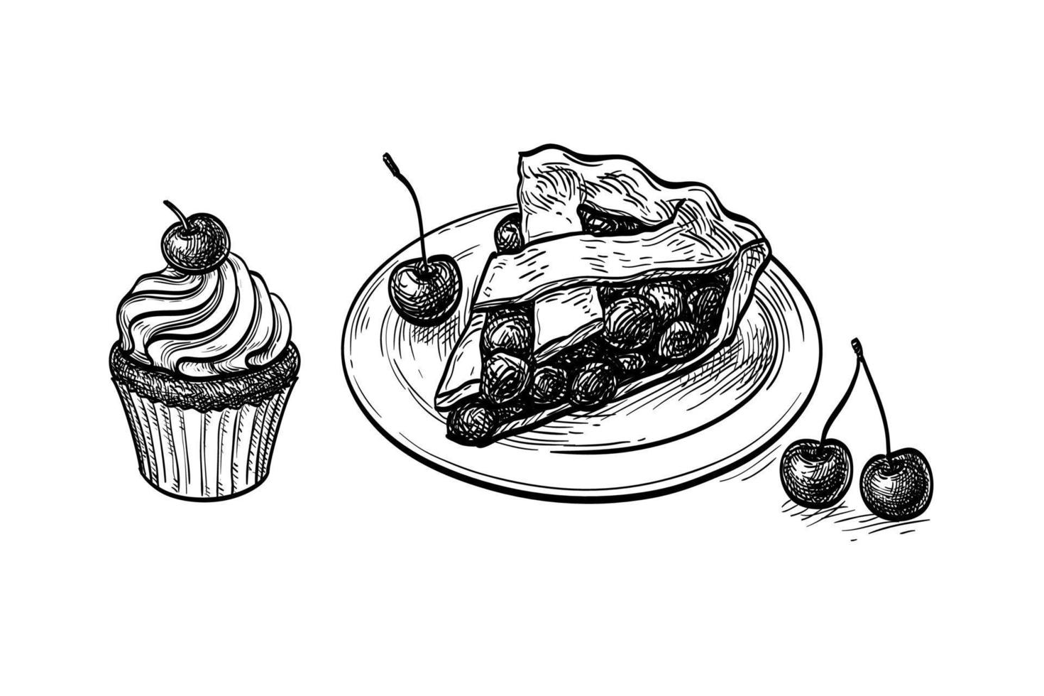 Cherry pie and cupcake. Ink sketch isolated on white background. Hand drawn vector illustration. Retro style.