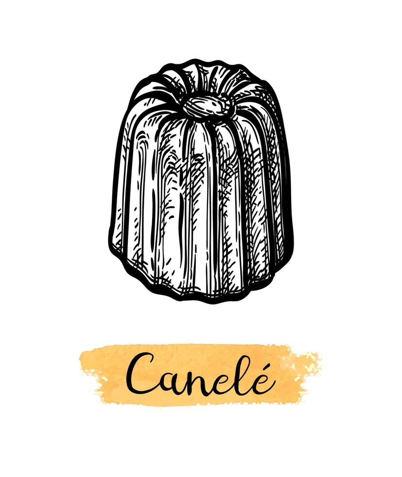 canele. francés Pastelería. tinta bosquejo aislado en blanco antecedentes. mano dibujado vector ilustración. retro estilo.