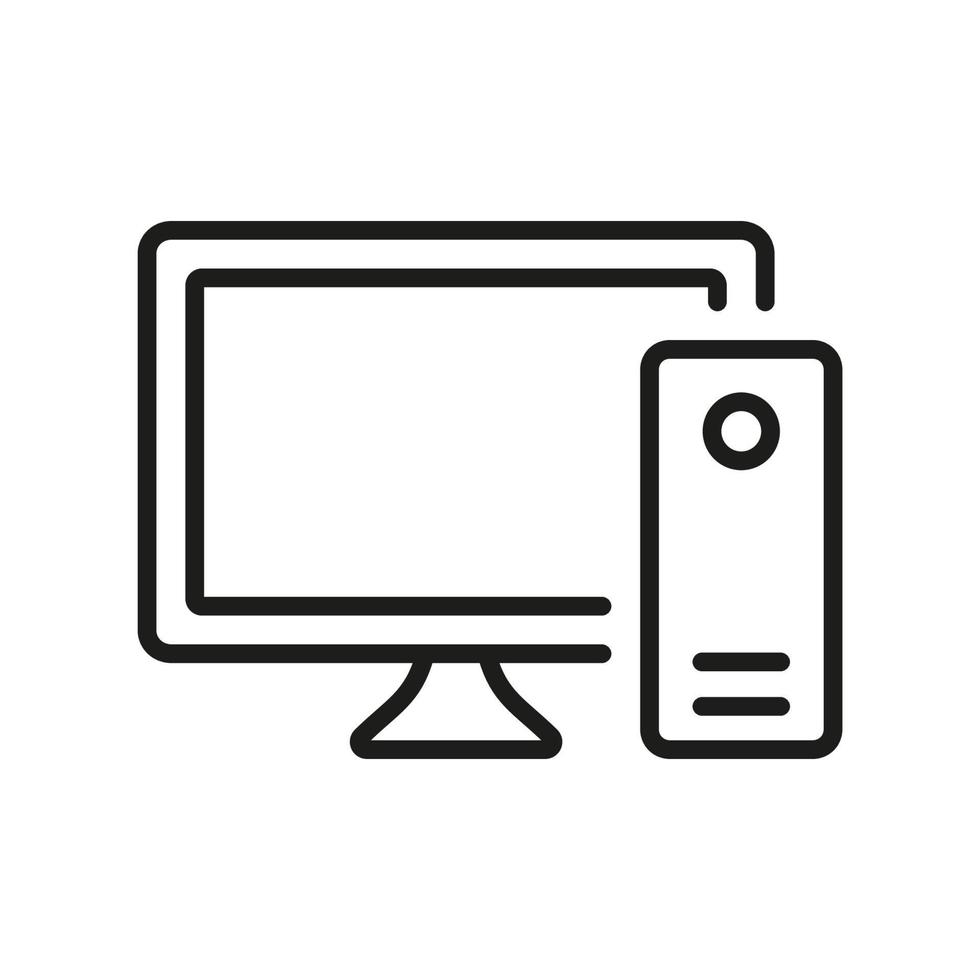 Desktop PC Line Icon. Home, Office Personal Computer Monitor Linear Pictogram. Hardware Machine Equipment, Computer Screen Outline Symbol. Editable Stroke. Isolated Vector Illustration.