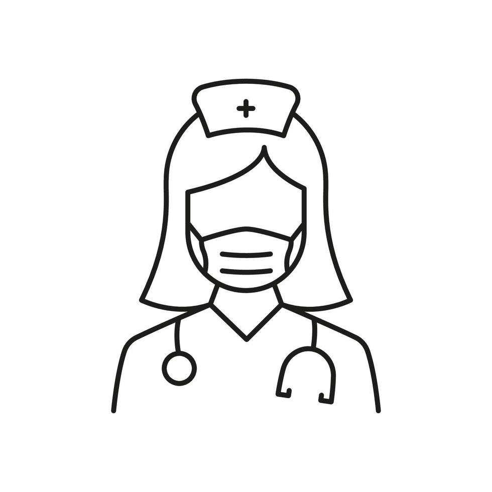 Professional Doctor with Stethoscope Line Icon. Female Physicians Specialist and Assistant Linear Pictogram. Editable Stroke. Isolated Vector Illustration.