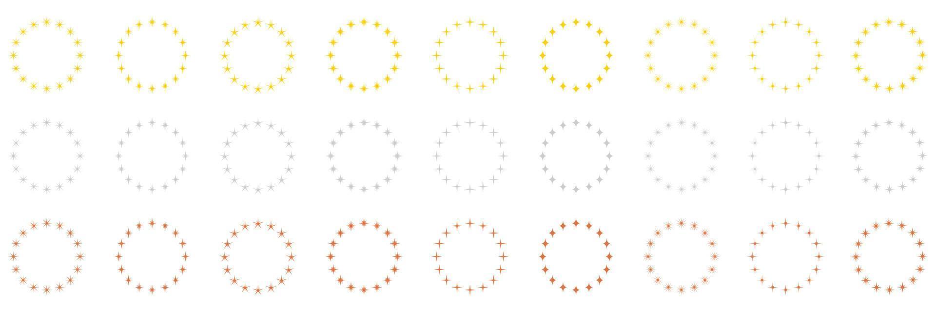 Stars in Circle Shape Silhouette Icon Set. Round Award Frame with Gold, Silver and Bronze Stars Pictogram. Circular Decor Ornament Icon on White Background. Isolated Vector Illustration.
