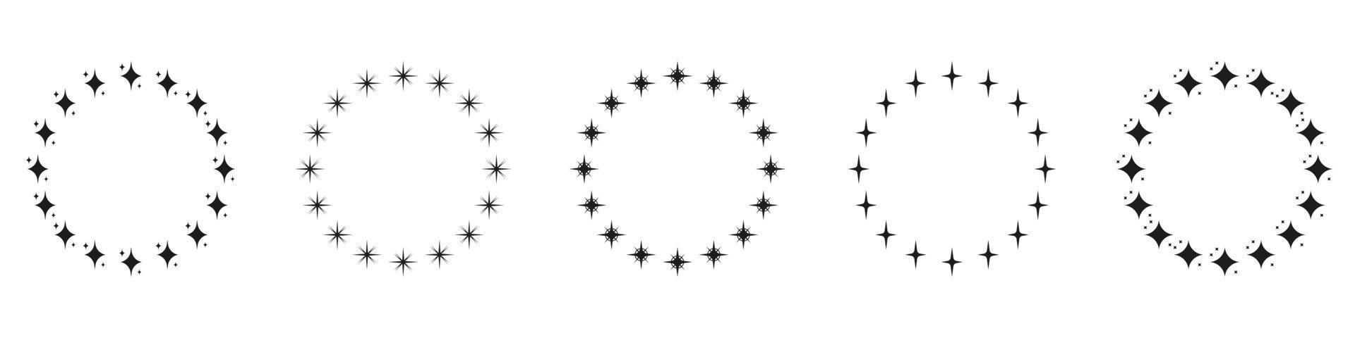 conjunto de iconos de silueta de estrellas en forma de círculo. icono de adorno de decoración circular sobre fondo blanco. marco de premio redondo moderno con pictograma de estrellas negras. ilustración vectorial aislada. vector