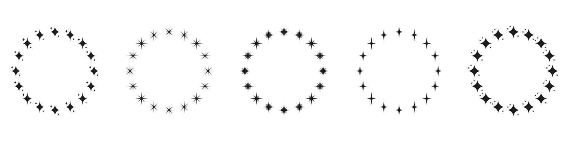 Stars in Circle Shape Silhouette Icon Set. Circular Decor Ornament Icon on White Background. Modern Round Award Frame with Black Stars Pictogram. Isolated Vector Illustration.