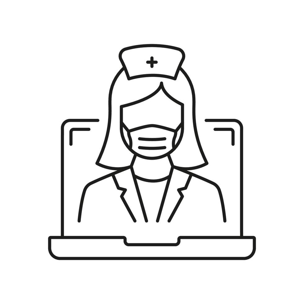 Online Digital Medicine Line Icon. Doctor in Computer Medical Health Care Online Linear Pictogram. Virtual Medicine Service Outline Icon. Telemedicine. Editable Stroke. Isolated Vector Illustration.