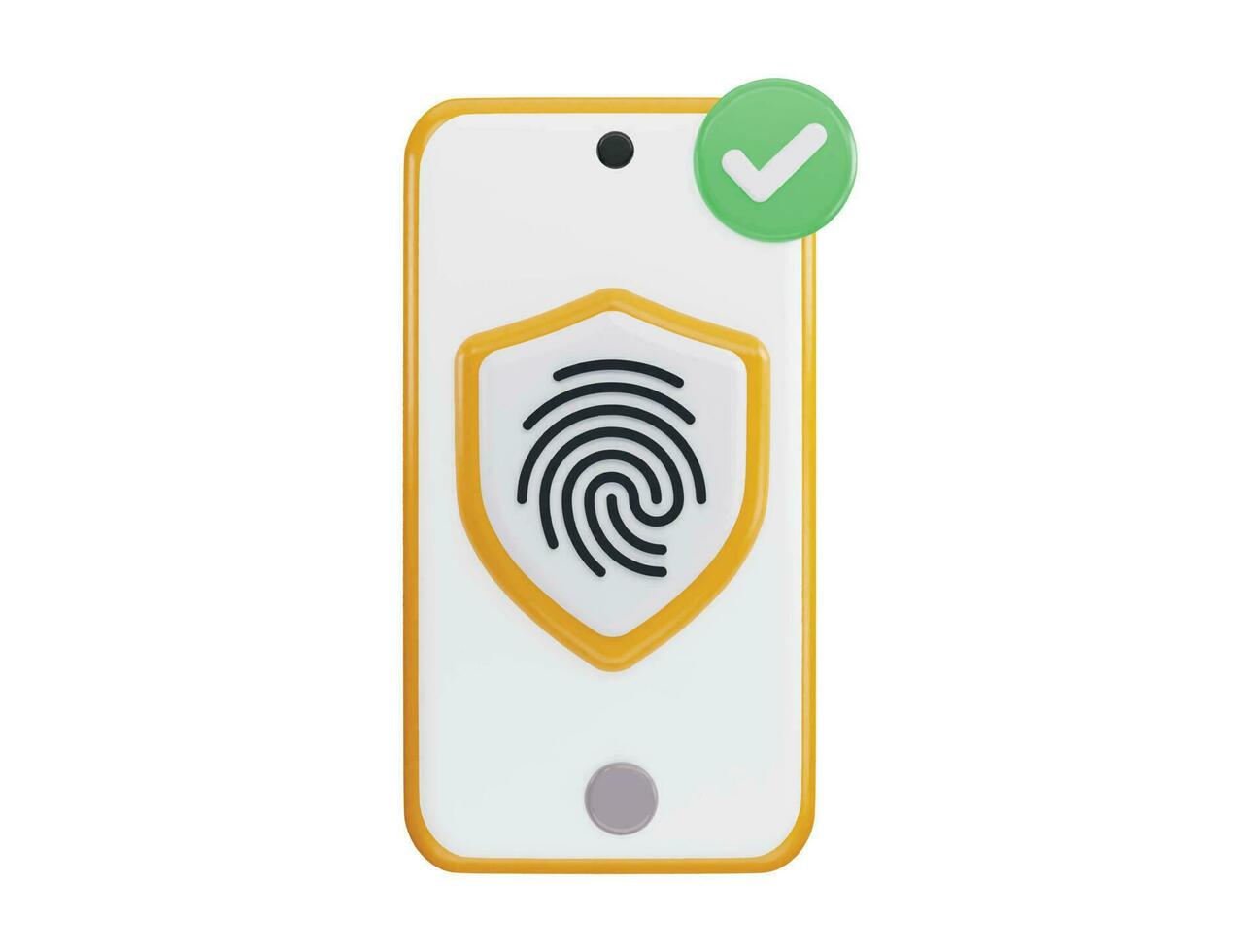 Fingerprint on Mobile phone with protect shield 3d rendering vector icon illustration