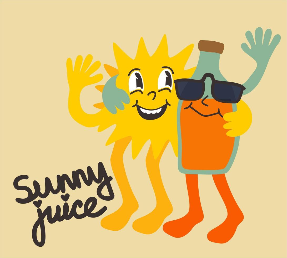 Sun and bottle of orange juice walking together and hugging. Retro vector concept with lettering.