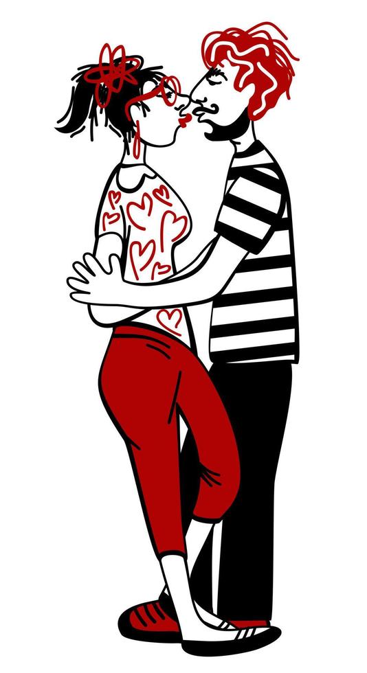 Vector isolated illustration of kissing and hugging couple.