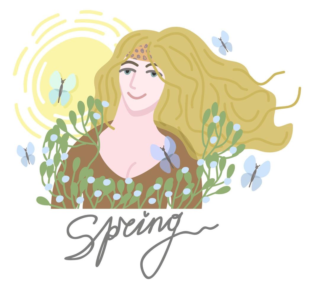 primavera. joven mujer en flores con mariposas revoloteando alrededor. vector