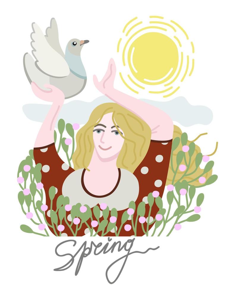 Spring. Young woman in flowers with white pigeon, who reaches out to the sun. vector