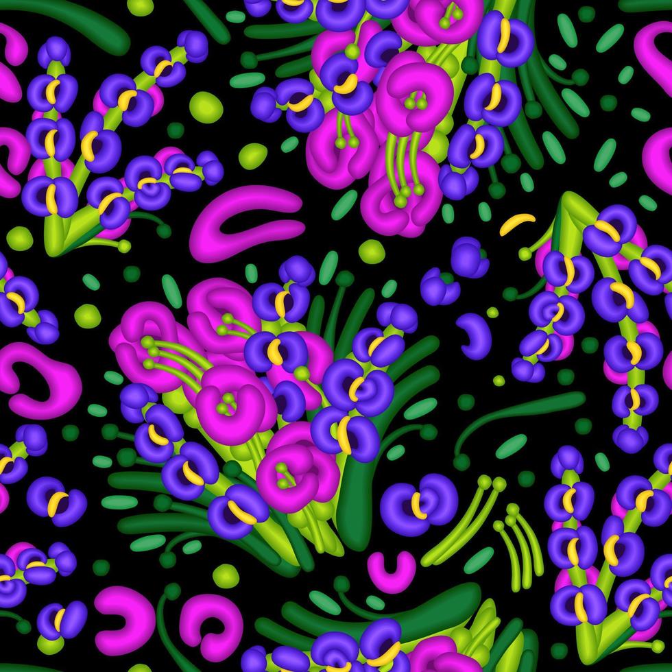 Vector seamless pattern with with voluminous floral shapes on black background.