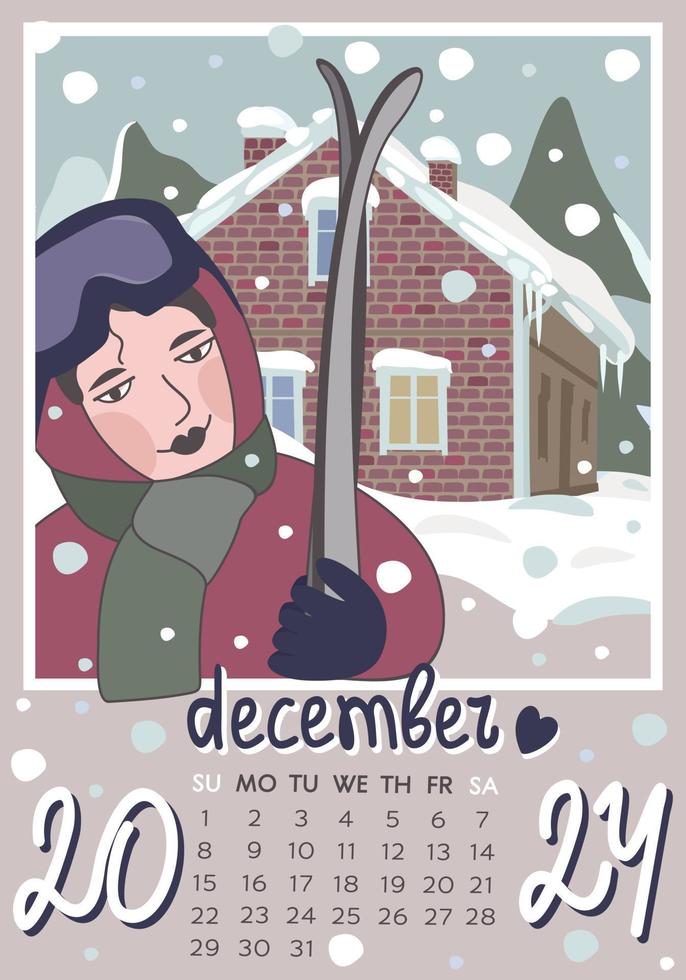 December 2024. Calendar A4. Week starts on Sunday, vector illustration.
