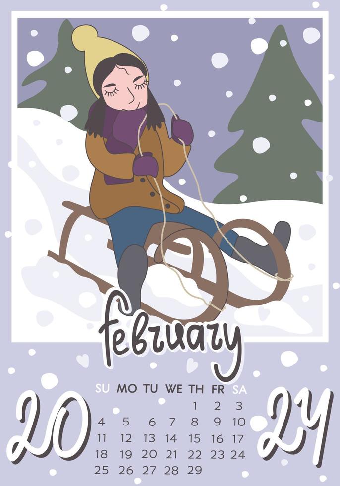 February 2024. Calendar A4. Week starts on Sunday, vector illustration.