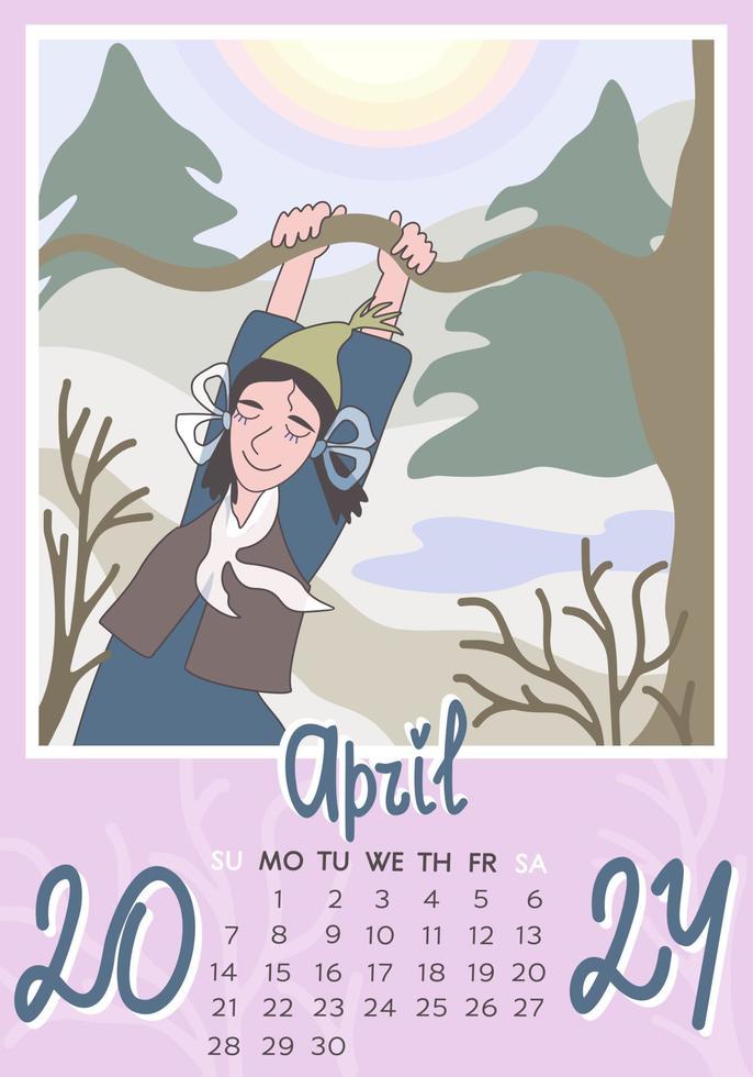 April 2024. Calendar A4. Week starts on Sunday, vector illustration.