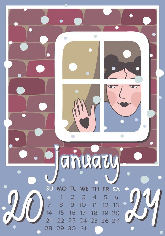 January 2024. Calendar A4. Week starts on Sunday, vector illustration.