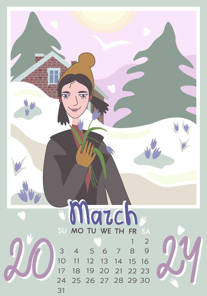 March 2024. Calendar A4. Week starts on Sunday, vector illustration.