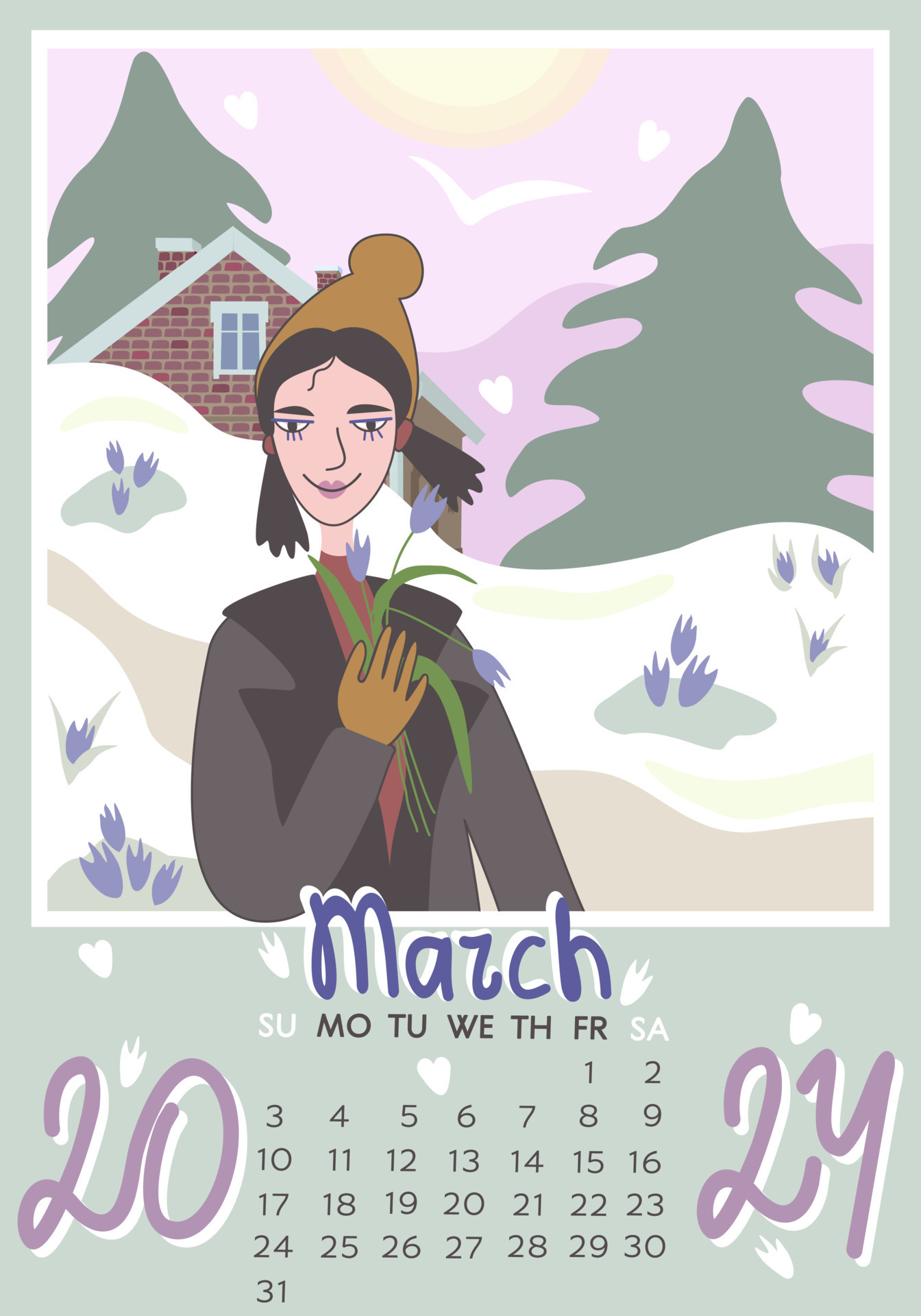 March 2024. Calendar A4. Week starts on Sunday, vector illustration