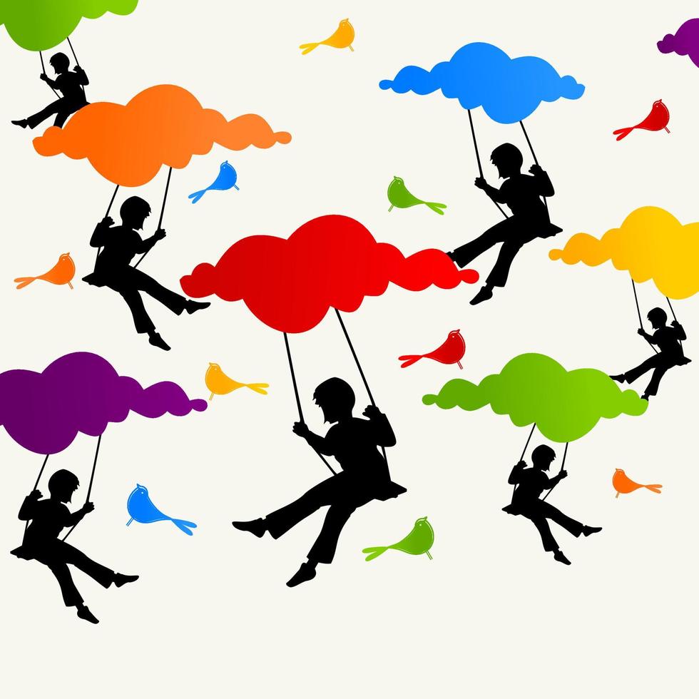The girl sits on a swing on clouds. A vector illustration