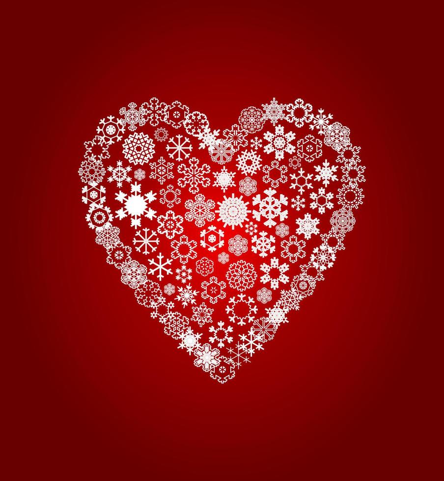 Heart from white snowflakes on a red background. A vector illustration