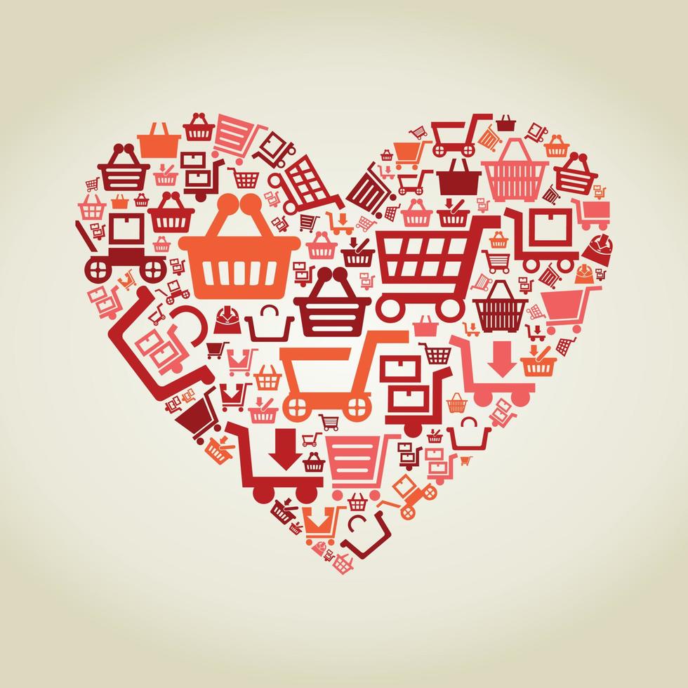 Heart made of baskets of purchases. A vector illustration