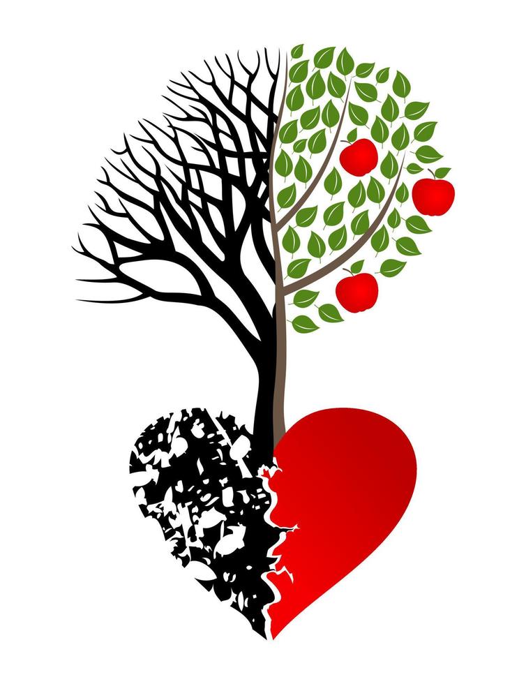 Live and dead tree from heart. A vector illustration