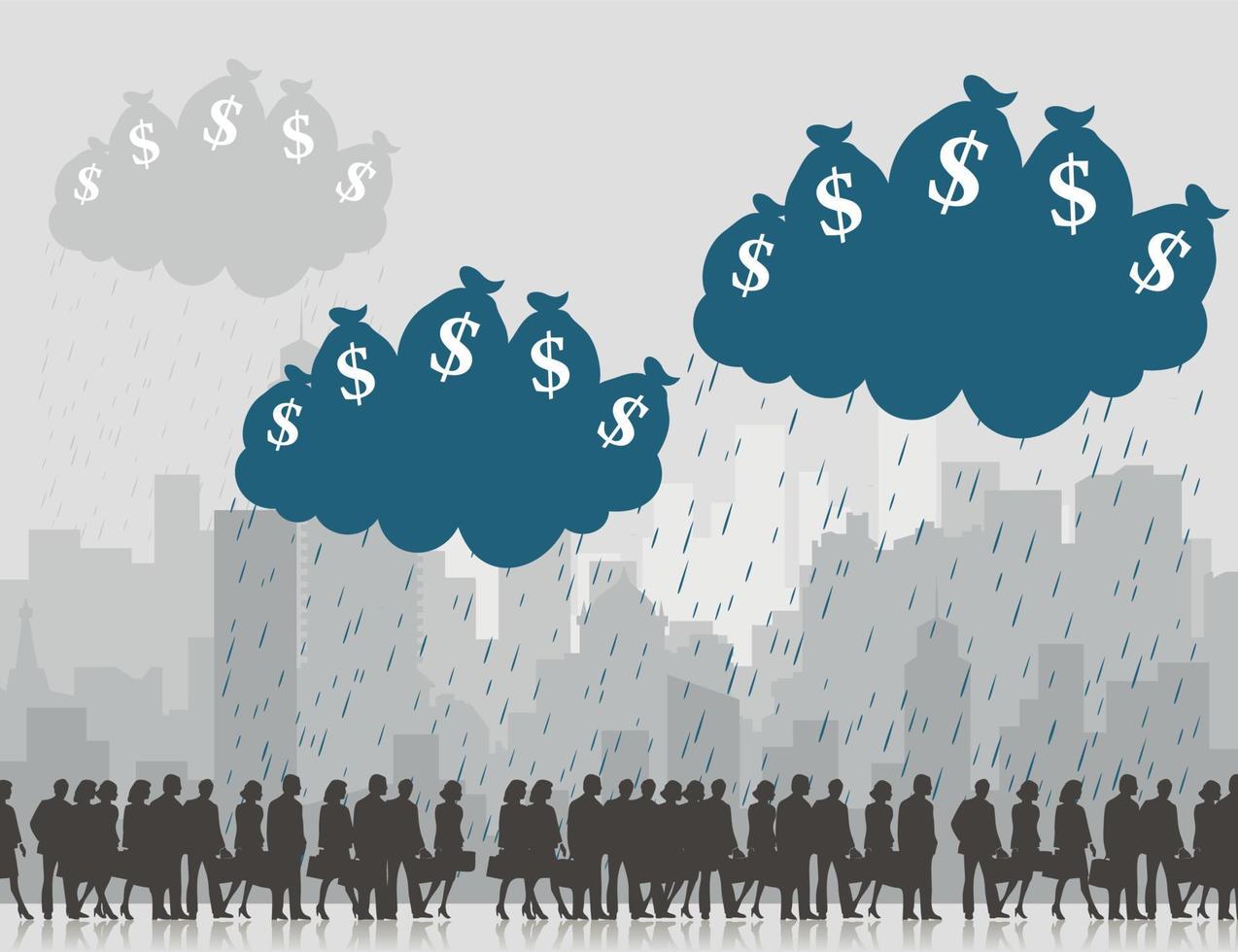 Businessmen go for work under a rain. A vector illustration