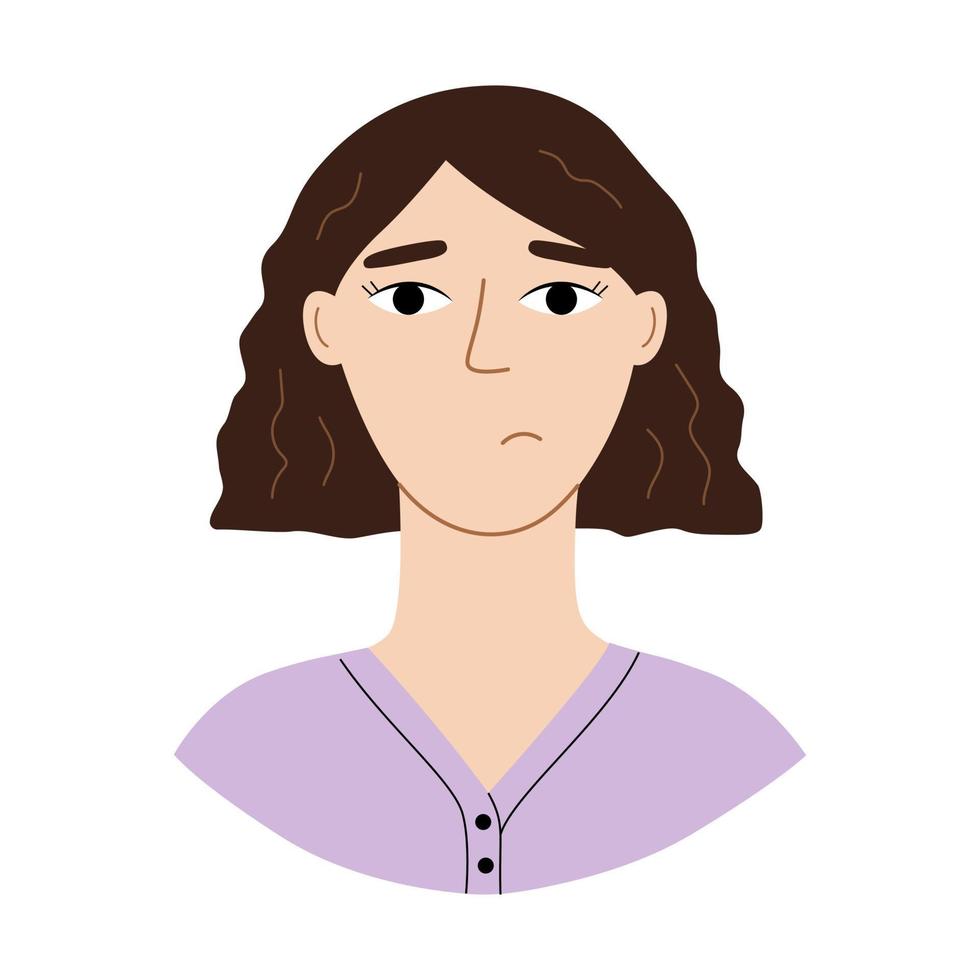 Cute sad woman in full face with a square haircut. Vector character avatar mental problems concept