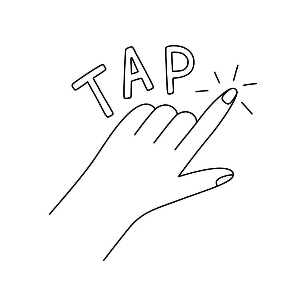 Cute hand pointing gesture with tap text. Touch or click icon in line style vector illustration