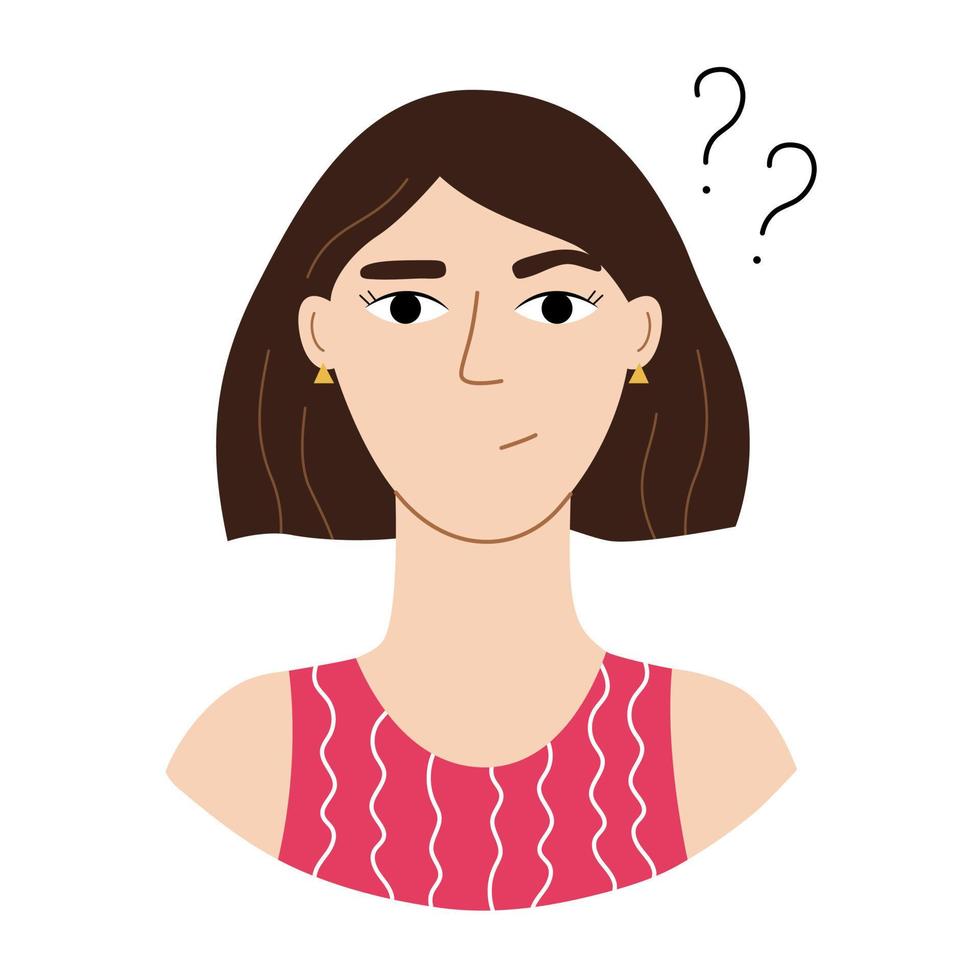 Woman asking question, hesitate woman with doubt face and interrogation point. Vector illustration with doubt and disconnect concept