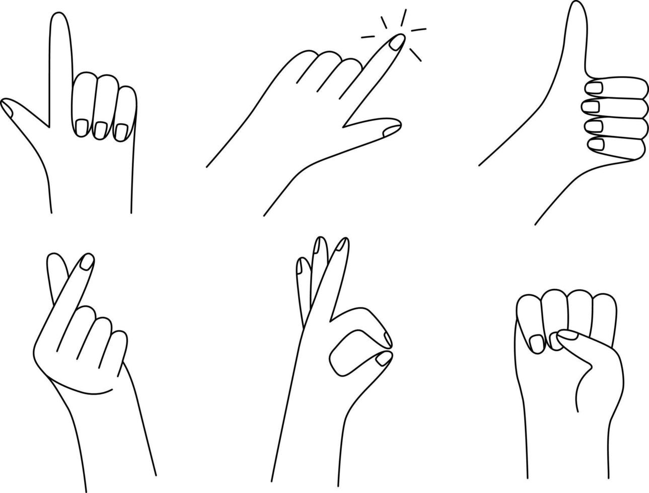 Gesture hands set in line style. Vector illustration with concept of pointing, motivation, approval, new idea, love and satisfaction