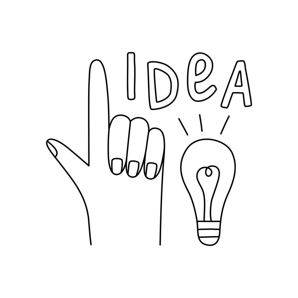 Gesture raised up forefinger idea light bulb. Idea concept icon in line style vector illustration
