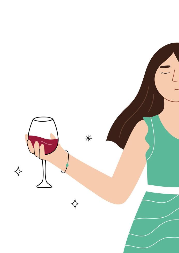 A cute young woman in a red dress is holding a glass of wine. Vector illustration with enjoyment of life and femininity concept. Perfect for book and notebook covers, posters or wine promotion