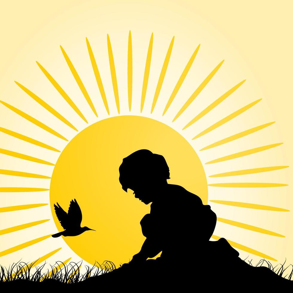 The boy feeds a bird from a hand. A vector illustration