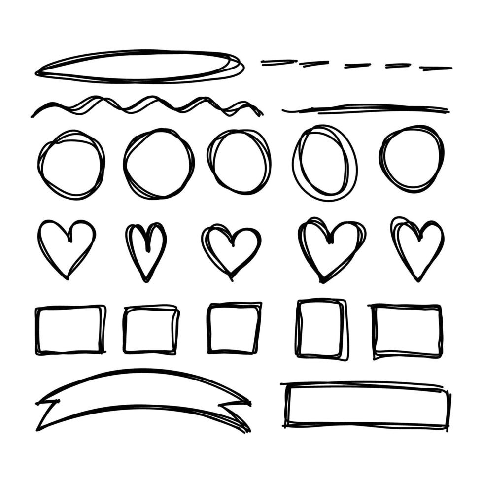 Hand drawn doodle shapes set with hearts, circles, square frames and ribbons vector