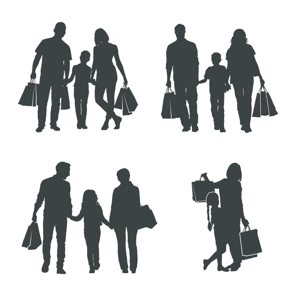 Family shopping silhouettes, Happy family shopping silhouettes vector