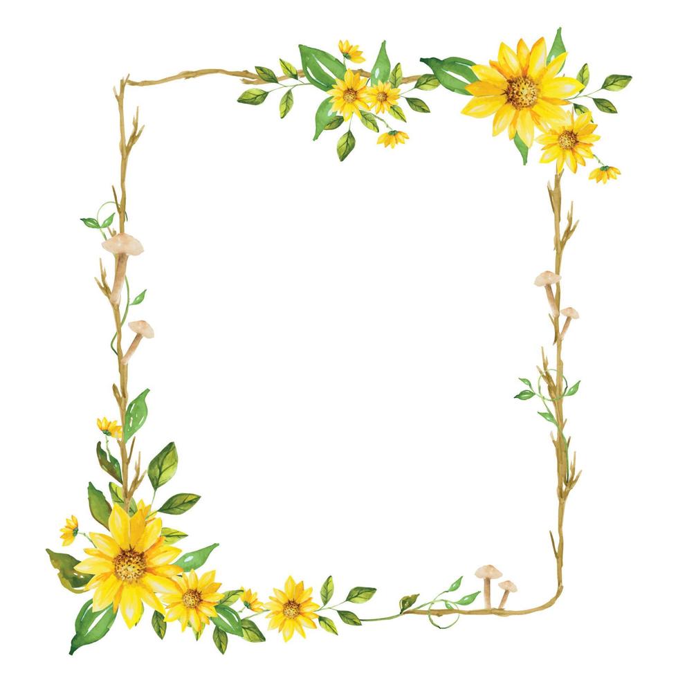 Watercolor frame of sunflowers and branches vector