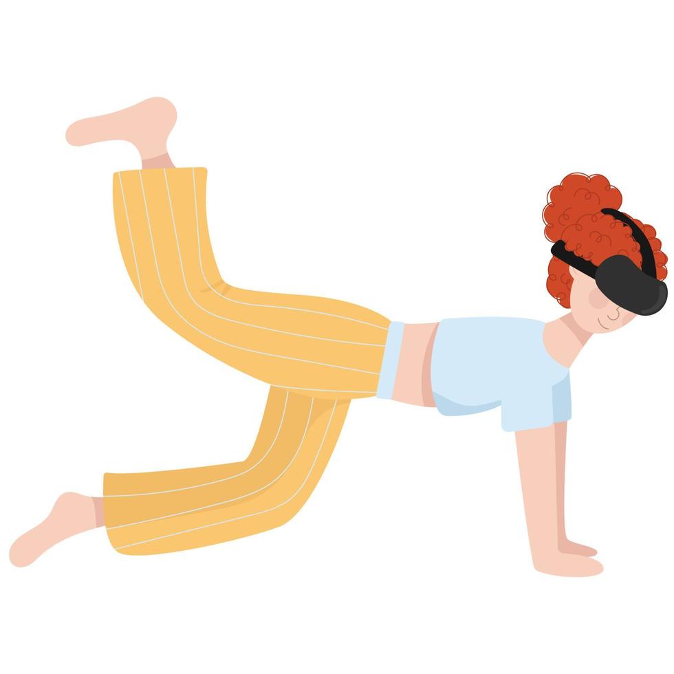 mujer vistiendo vr lentes para practicas yoga y meditación a hogar. virtual realidad tecnología para mental y físico salud. plano vector ilustración.