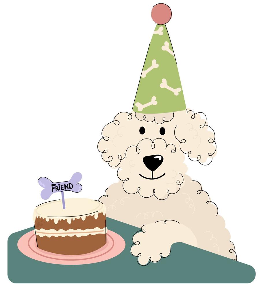 Dog birthday party. Dog celebrates his birthday. Dog in a party hat with cake.Happy Birthday hand draw greeting card with dog and cake. vector