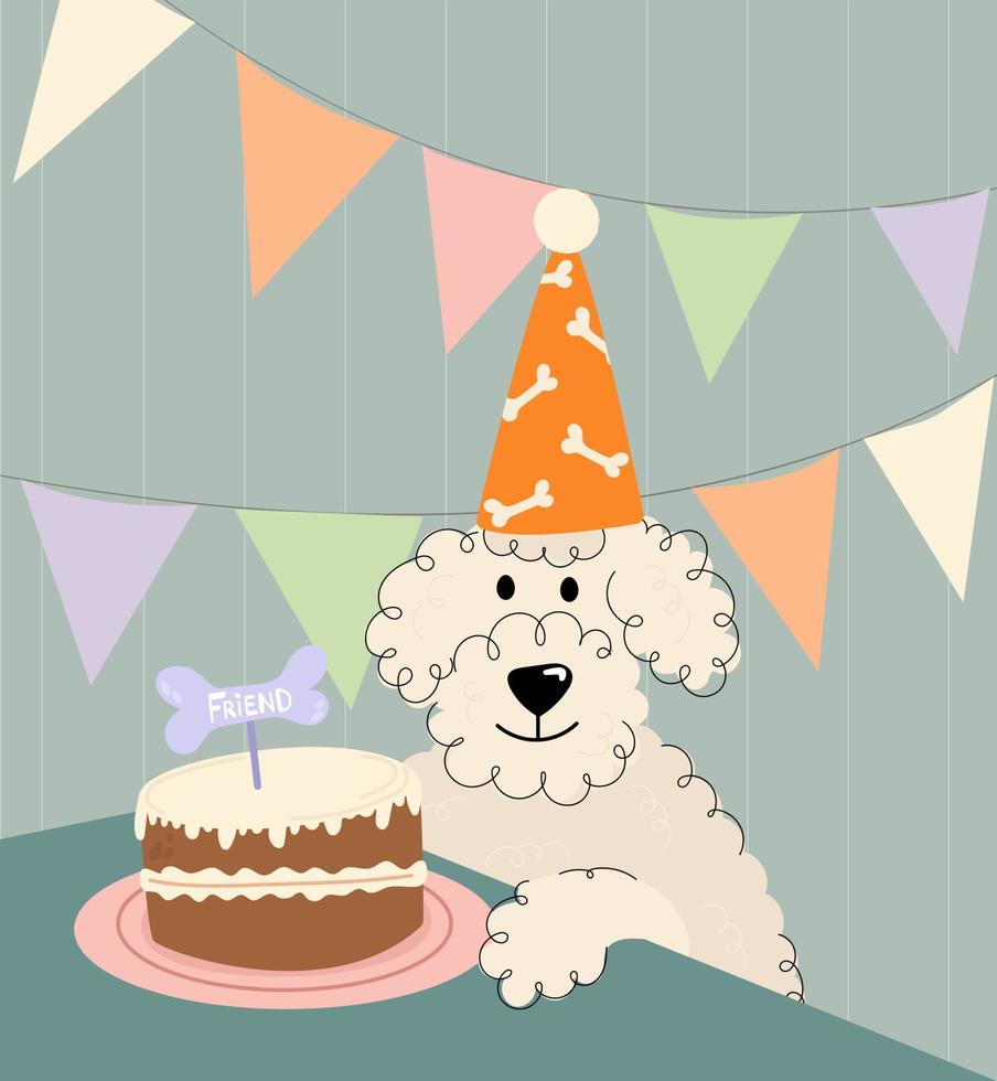 Dog birthday party. Dog celebrates his birthday. Dog in a party hat with cake.Happy Birthday hand draw greeting card with dog and cake. vector