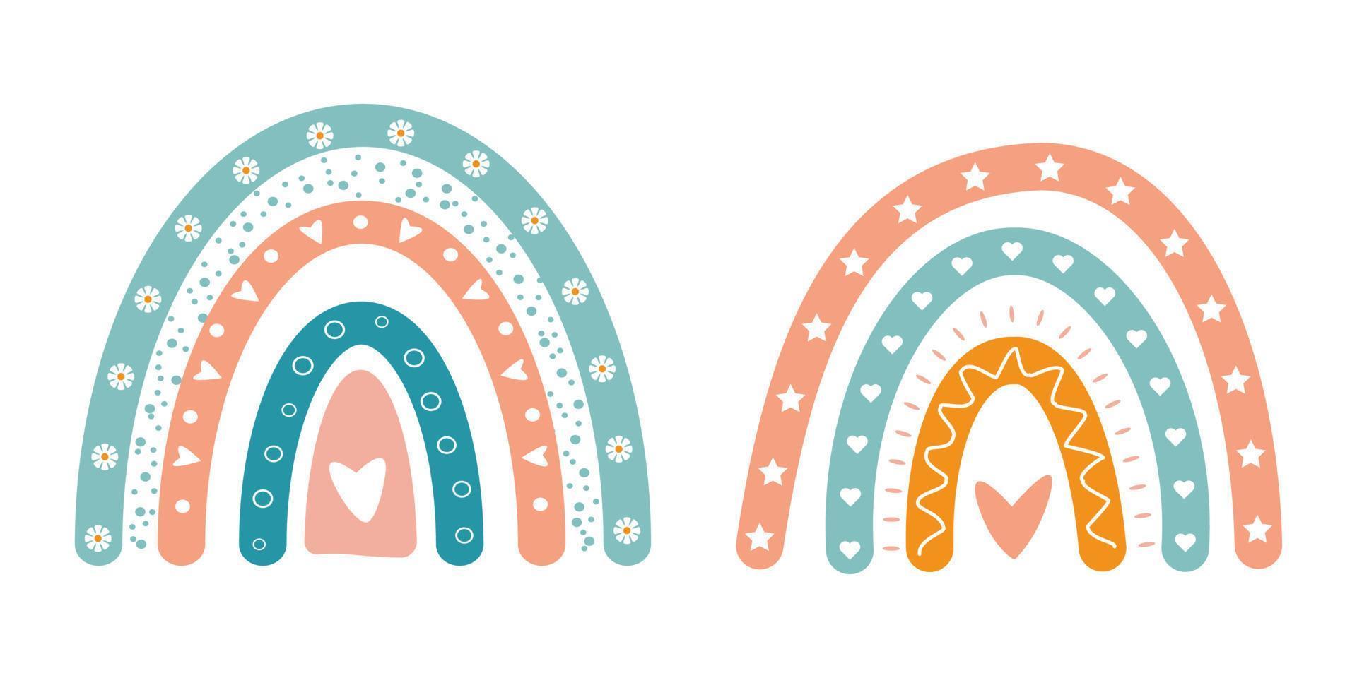 Hand drawn rainbows in minimalist scandinavian style. Modern baby, kid illustrations. Rainbow in different shapes. Colorful contemporary art vector