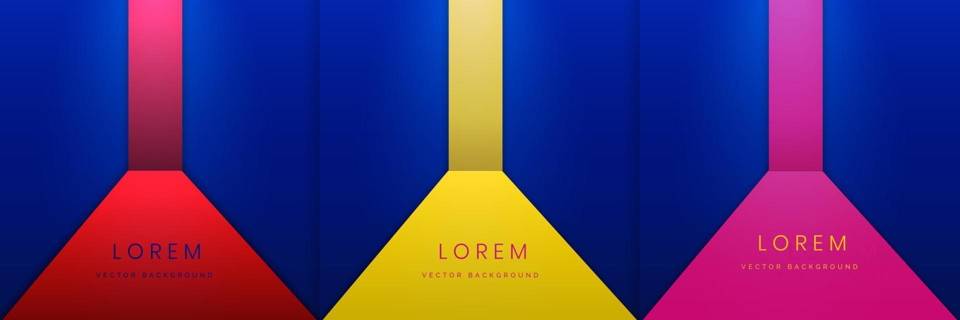 Set of vertical stripe lines pink, yellow and red with perspective color on dark blue background. vector