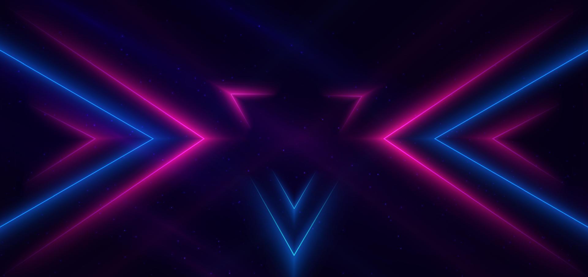 Abstract technology futuristic neon triangle glowing blue and pink light lines with dust galaxy on dark blue background. vector