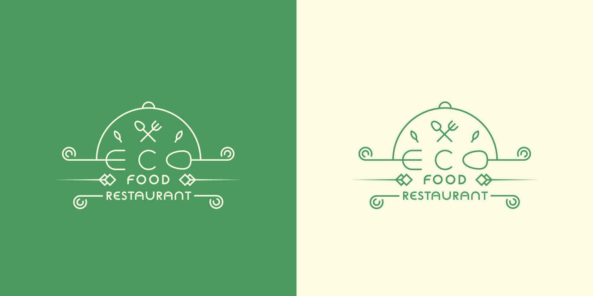 comida ecológica logo diseño ilustración plano símbolo vector icono sencillo sello etiqueta tenedor cuchara plato Fresco naturaleza elegante minimalista línea creativo idea orgánico cocina café hoja almuerzo cena cantina