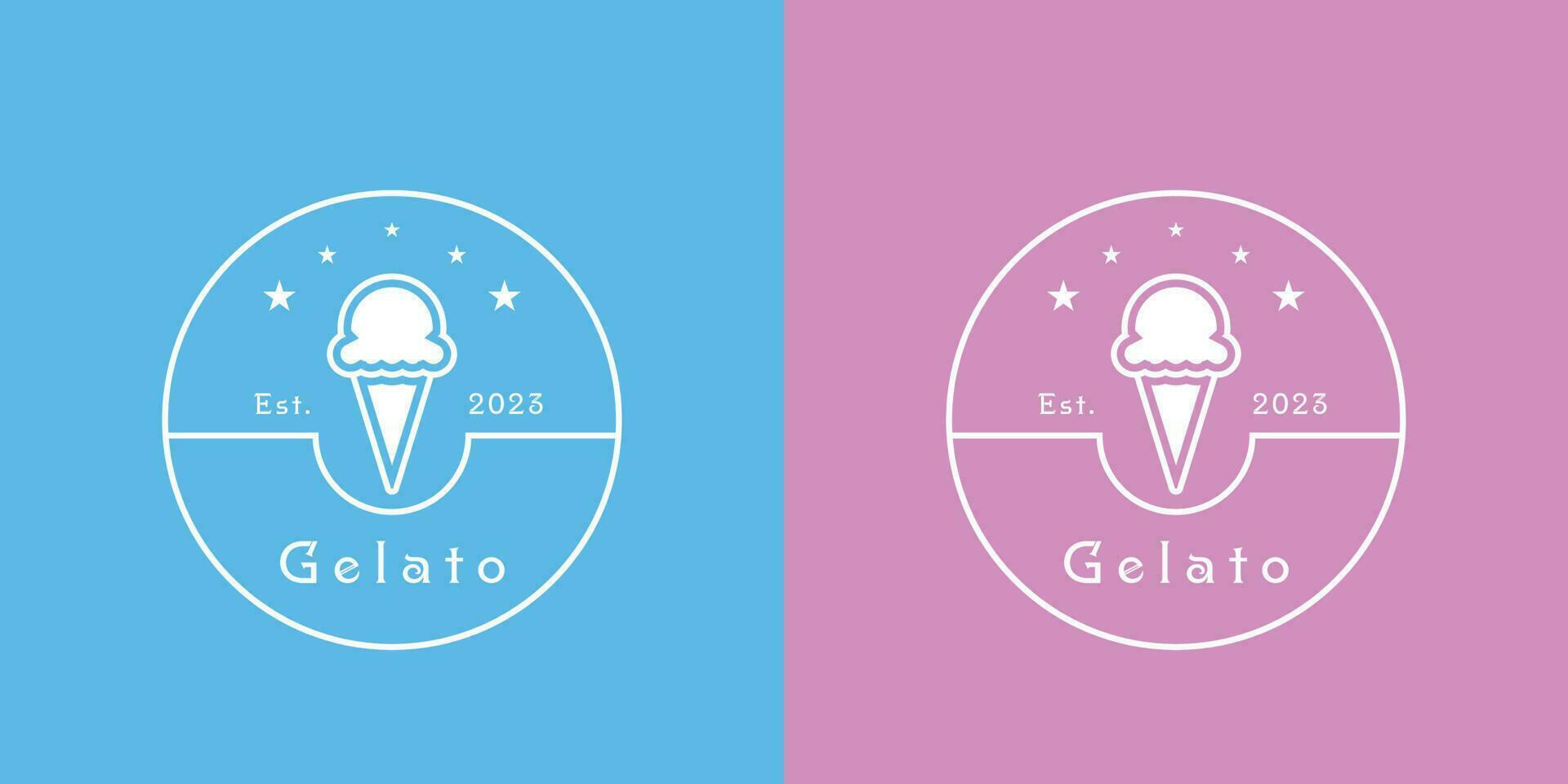 ilustración de un minimalista helado logocreativo idea icono un departamento, sencillo silueta de un leche, hielo crema, y bebida sello emblema.rápido comida ese es frío, rosa, y elegante cucharón cono helado con frutas y nueces bebida vector