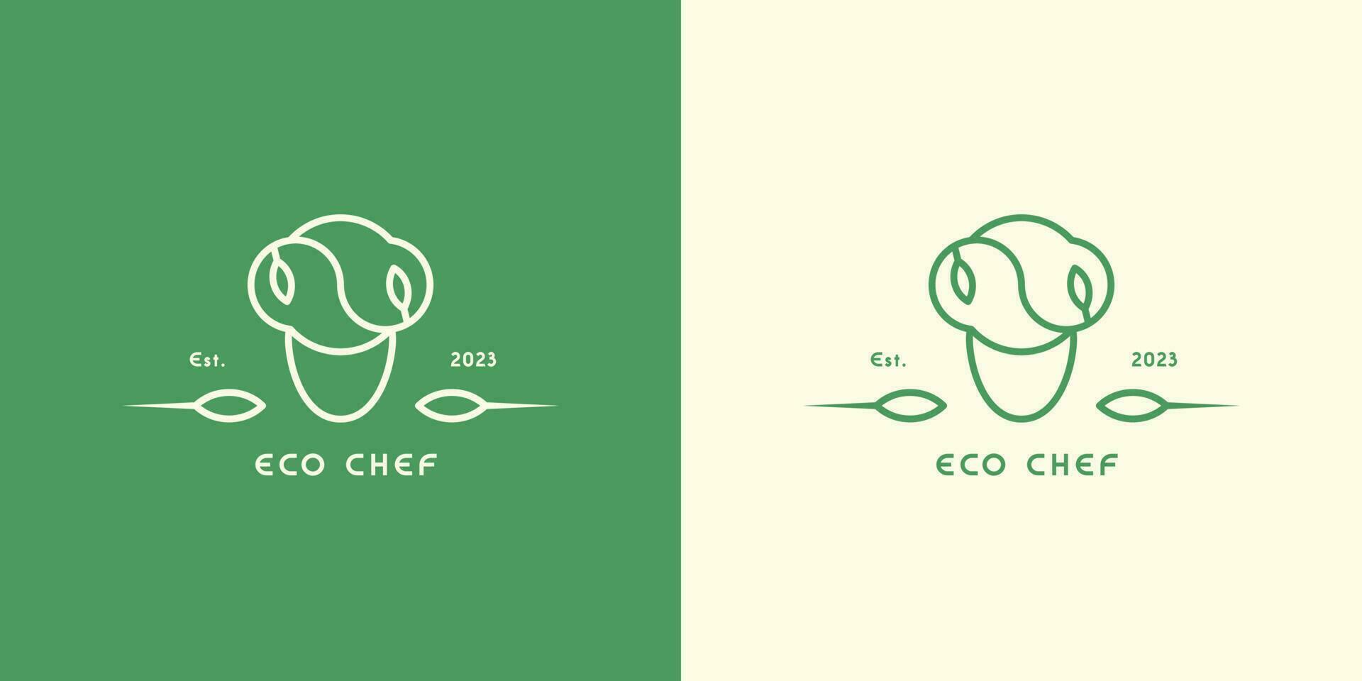 Eco Chef logo design illustration Icon vector symbol flat simple character silhouette clean profession cafe diner elegant minimalist line. Head of cafe leaf lunch diner canteen organic kitchen