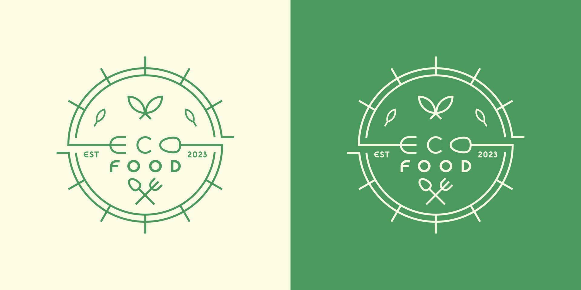 Eco-food logo design illustration flat symbol vector icon simple stamp label fork spoon dish fresh nature elegant minimalist line creative idea Organic Kitchen Cafe Leaf Lunch Diner Canteen