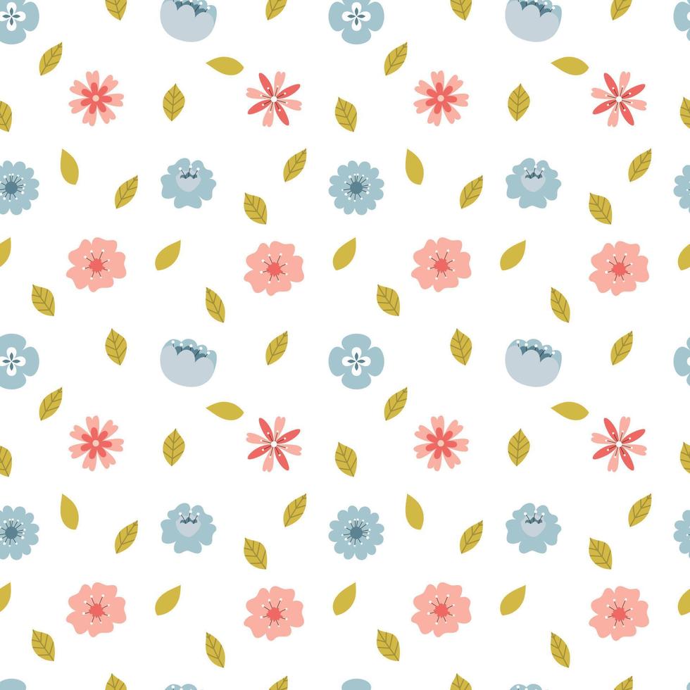 Seamless pattern with hand-drawn simple, spring, pink and blue flowers and leaves. A simple background for wrapping paper, home and children's textiles. Vector illustration on a white background.