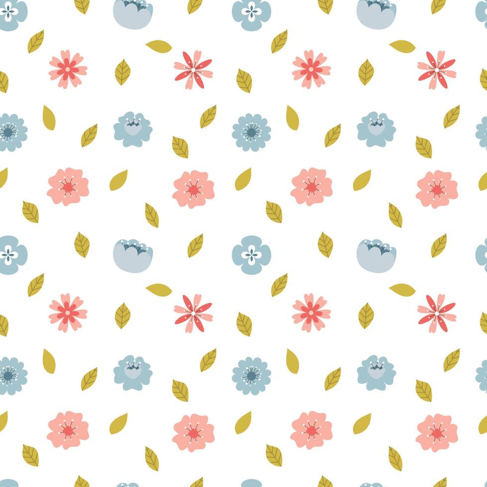 Seamless pattern with hand-drawn simple, spring, pink and blue flowers and leaves. A simple background for wrapping paper, home and children's textiles. Vector illustration on a white background.